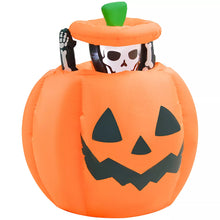 Laden Sie das Bild in den Galerie-Viewer, Halloween Aufblasbarer Kürbis 100 cm mit Skelett Halloweendekorationen LED
