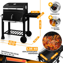 Laden Sie das Bild in den Galerie-Viewer, Profi-Holzkohlegrill XL Grillwagen 28 kg mit Grill Rost Thermometer Deckel BBQ Kohle