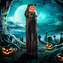 Laden Sie das Bild in den Galerie-Viewer, Animierte Halloween-Dekoration – Schädelkürbisgeist mit LED-Augen &amp; Sound, 183 cm