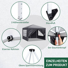 Laden Sie das Bild in den Galerie-Viewer, Faltpavillon wasserdicht. Pop Up. Mit 4 Seitenteilen. 3x3 Meter. Gartenzelt. Partyzelt. UV50+ Schutz. Einfaches Faltsystem.