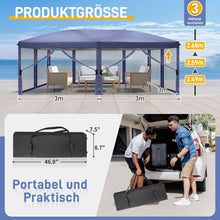Laden Sie das Bild in den Galerie-Viewer, Faltpavillon 3 x 6 m Pop-Up – Partyzelt, Eventzelt &amp; Gartenzelt mit 4 Moskitonetzen in Grau, Blau oder beige
