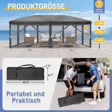 Laden Sie das Bild in den Galerie-Viewer, Faltpavillon 3 x 6 m Pop-Up – Partyzelt, Eventzelt &amp; Gartenzelt mit 4 Moskitonetzen in Grau, Blau oder beige