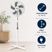 Laden Sie das Bild in den Galerie-Viewer, Standventilator Ø40 cm 125 cm Höhe. Luftkühler Ventilator Schwarz oder Weiß. Höhenverstellbar.