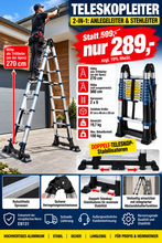 Laden Sie das Bild in den Galerie-Viewer, Teleskop-Klappleiter 560 cm neu jetzt mit ausziehbaren Stabilisatoren. EN131 Europanorm.