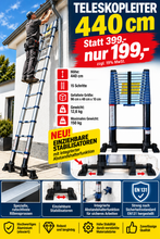 Laden Sie das Bild in den Galerie-Viewer, Teleskop-Anlegeleiter 440 cm neu jetzt mit ausziehbaren Stabilisatoren. EN131 Europanorm.