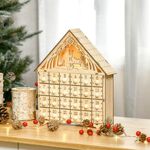 Laden Sie das Bild in den Galerie-Viewer, Adventskalender mit LED-Beleuchtung, 24 Schubladen, Krippenszene, 26,6x6x30 cm, Holzoptik