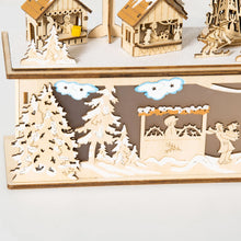 Laden Sie das Bild in den Galerie-Viewer, Weihnachtsdekoration, Weihnachtsdorf, 10 LEDs, warmweißes Licht, 45 x 10 x 25 cm, Holzdekor