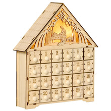 Laden Sie das Bild in den Galerie-Viewer, Adventskalender mit LED-Beleuchtung, 24 Schubladen, Krippenszene, 26,6x6x30 cm, Holzoptik