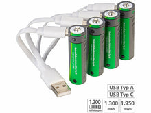 Laden Sie das Bild in den Galerie-Viewer, Neu: Kombi-Set Lithium-Ion-Akkus (USB-C Batterien aller Batteriesorten) welche sich überall aufladen lassen per USB