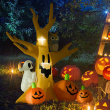 Laden Sie das Bild in den Galerie-Viewer, Aufblasbarer Spukbaum mit Eule, Kürbis und Gespenstern, 240 cm mit LED-Beleuchtung. Halloween Deko Luftfigur