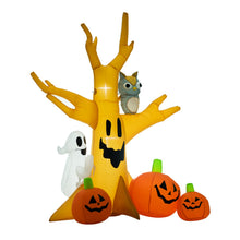 Laden Sie das Bild in den Galerie-Viewer, Aufblasbarer Spukbaum mit Eule, Kürbis und Gespenstern, 240 cm mit LED-Beleuchtung. Halloween Deko Luftfigur