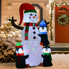Laden Sie das Bild in den Galerie-Viewer, Aufblasbarer Schneemann mit 3 Pinguinen, 180 cm mit LED-Beleuchtung. Weihnachten Deko Luftfigur